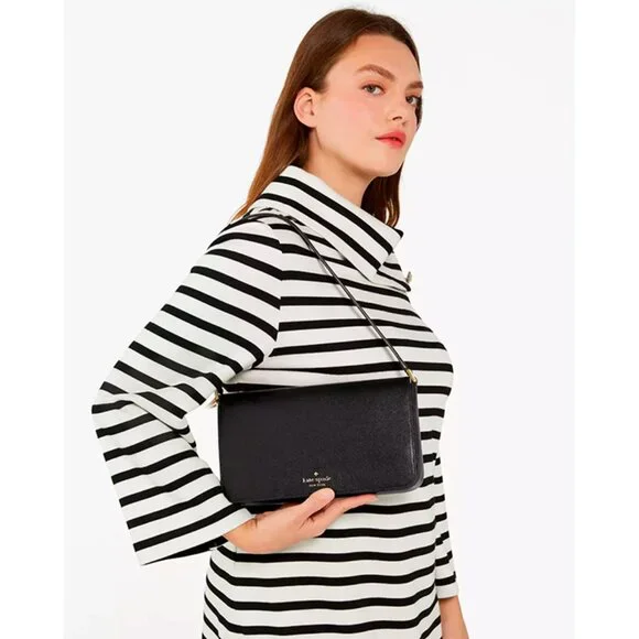 S Kate Spade Staci Black Saffiano Leather Flap Shoulder Bag Purse KF371 NWT